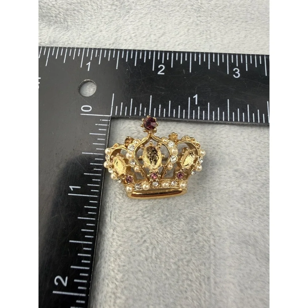 Vintage Crown Brooch Screw Back Earrings Set Rhinestone Pink‎